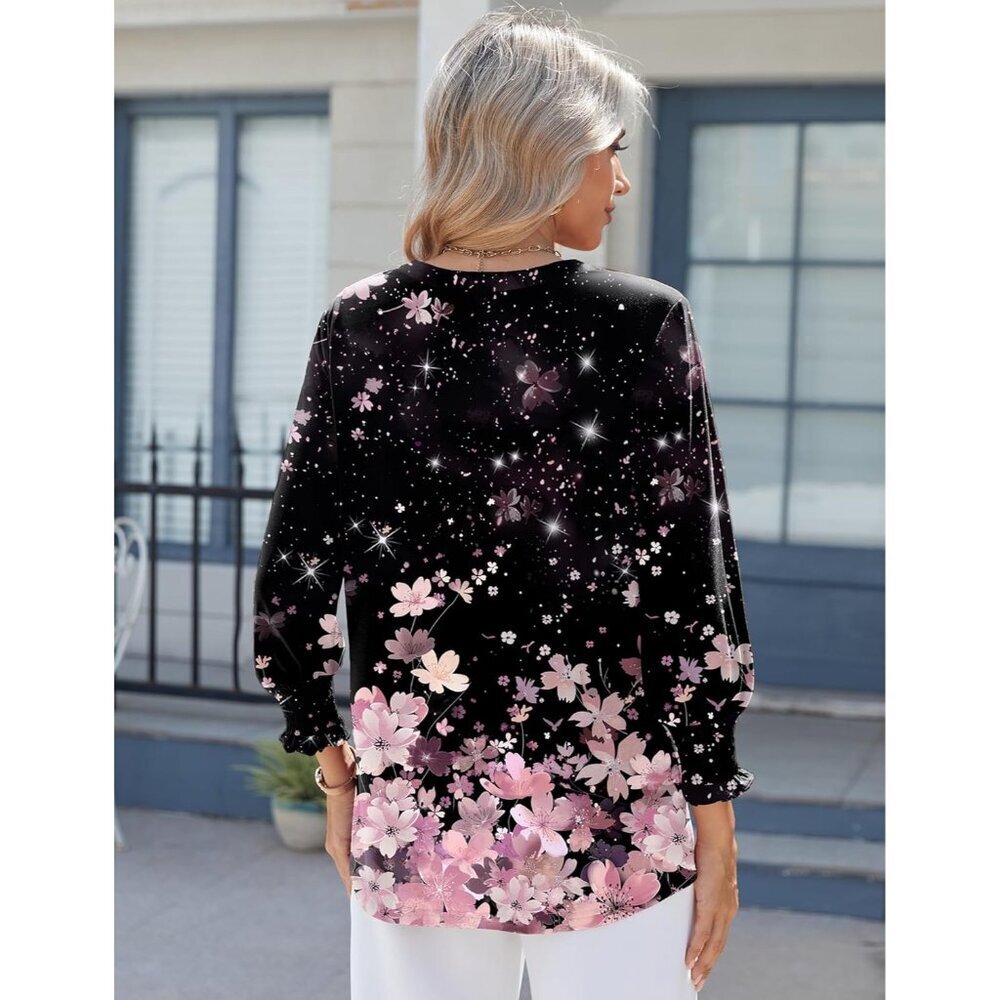 3/4 Length Sleeve Womens Tops 2025 Floral Womens Blouses V Neck TunicTops with S - Picture 3 of 6